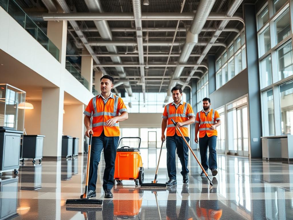 Uniformed commercial cleaning crew servicing a corporate office lobby