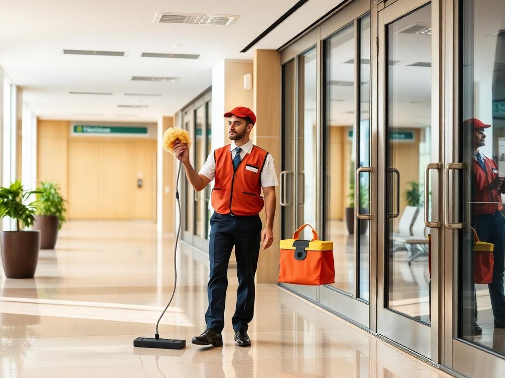 Day porter maintaining the entrance of a commercial building